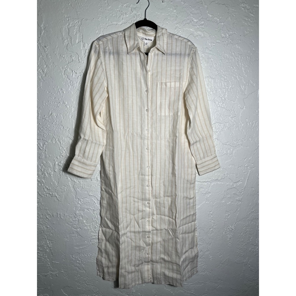 The Drop 100% Linen Maxi Shirt Dress Beige Stripe Button Front XS